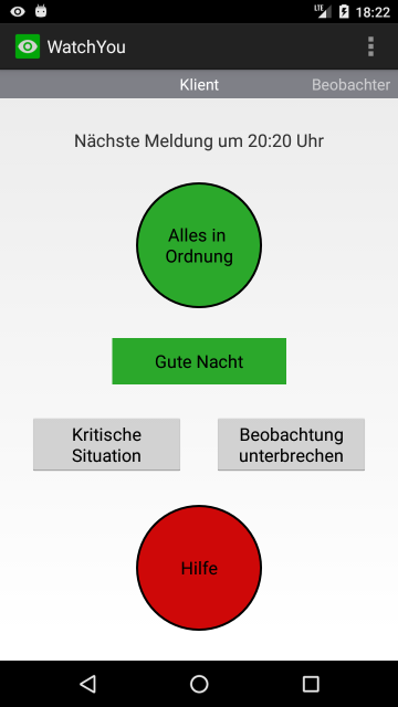 Screenshot von der WatchYou App - Aussehen für die Klienten