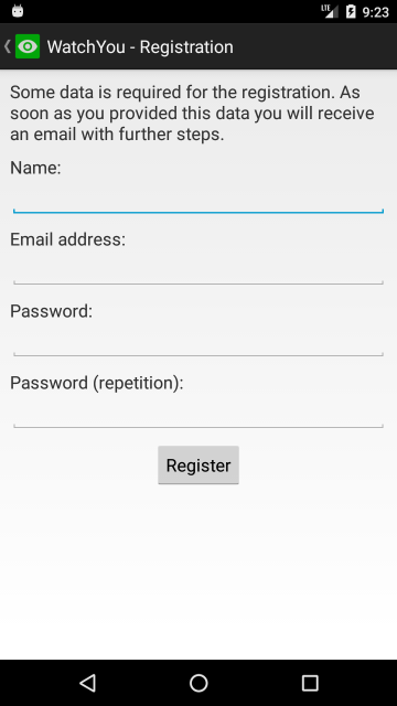 Screenshot from the WatchYou app - Registration