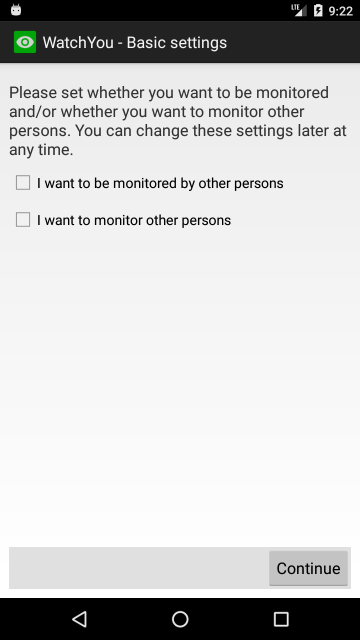 Screenshot from the WatchYou app - Setup